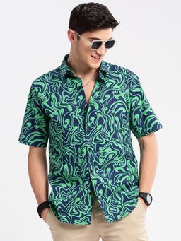 SHOWOFFFF - Mens Short Sleeves Spread Collar Cotton Abstract Green Casual Shirt