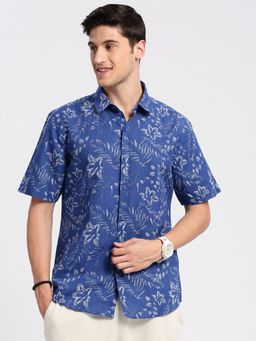 SHOWOFFFF - Mens Short Sleeves Spread Collar Cotton Floral Blue Casual Shirt