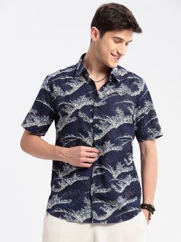 SHOWOFFFF - Mens Short Sleeves Spread Collar Cotton Floral Navy Blue Casual Shirt