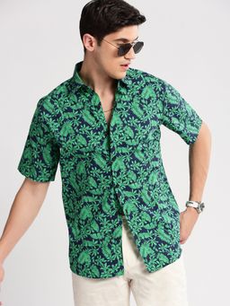 SHOWOFF - Mens Short Sleeves Spread Collar Cotton Floral Green Casual Shirt