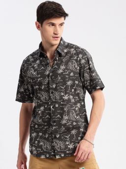 SHOWOFFFF - Mens Short Sleeves Spread Collar Cotton Printed Grey Casual Shirt
