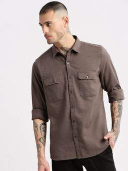 SHOWOFFFF - Mens Long Sleeves Spread Collar Cotton Solid Brown Casual Shirt
