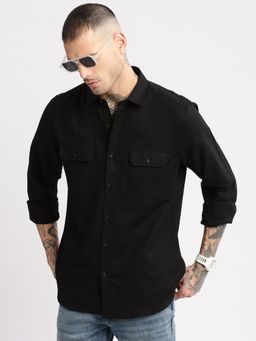 SHOWOFFFF - Mens Long Sleeves Spread Collar Cotton Solid Black Casual Shirt