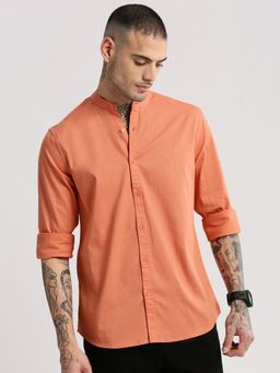 SHOWOFFFF - Mens Long Sleeves Mandarin Collar Cotton Solid Orange Casual Shirt