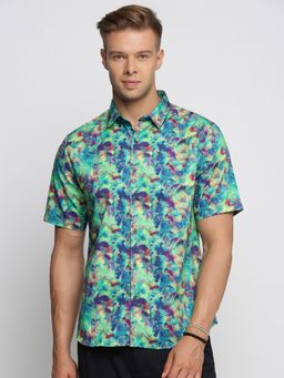 SHOWOFF - Mens Short Sleeves Spread Collar Abstract Green Slim Fit Shirt