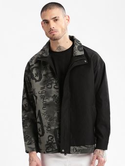 SHOWOFF - Mens Black Typography Tailored Oversized Jacket