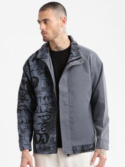 SHOWOFF - Mens Grey Typography Tailored Oversized Jacket