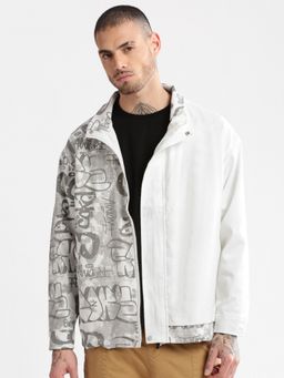 SHOWOFF - Mens White Typography Tailored Oversized Jacket