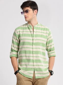 SHOWOFF - Mens Long Sleeves Mandarin Collar Cotton Horizontal Stripes Green Casual Shirt