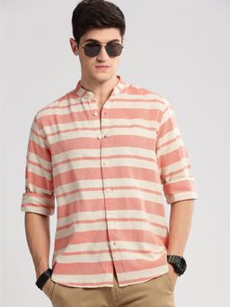 SHOWOFFFF - Mens Mandarin Collar Cotton Horizontal Stripes Peach Casual Shirt