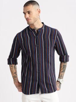 SHOWOFF - Mens Mandarin Collar Cotton Vertical Stripes Navy Blue Casual Shirt