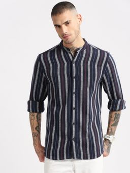 SHOWOFFFF - Mens Mandarin Collar Cotton Vertical Stripes Navy Blue Casual Shirt