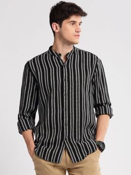 SHOWOFFFF - Mens Long Sleeves Mandarin Collar Cotton Vertical Stripes Black Casual Shirt