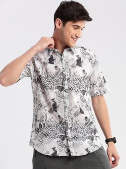SHOWOFFFF - Mens Short Sleeves Spread Collar Cotton Printed White Casual Shirt