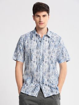 SHOWOFFFF - Mens Short Sleeves Spread Collar Cotton Printed Blue Casual Shirt