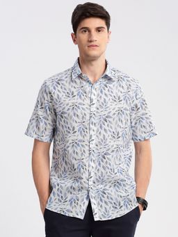 SHOWOFFFF - Mens Short Sleeves Spread Collar Cotton Printed White Casual Shirt