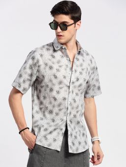 SHOWOFFFF - Mens Short Sleeves Spread Collar Cotton Printed Grey Casual Shirt