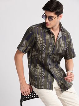 SHOWOFFFF - Mens Short Sleeves Spread Collar Cotton Vertical Stripes Green Casual Shirt