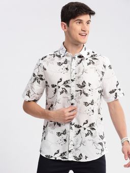 SHOWOFFFF - Mens Short Sleeves Spread Collar Cotton Printed White Casual Shirt