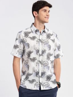 SHOWOFFFF - Mens Short Sleeves Spread Collar Cotton Printed White Casual Shirt