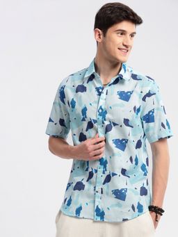SHOWOFF - Mens Short Sleeves Spread Collar Cotton Abstract Blue Casual Shirt