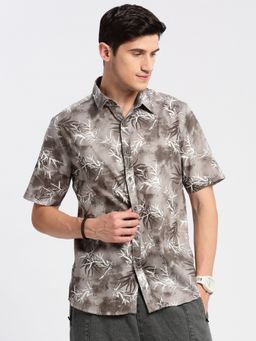 SHOWOFFFF - Mens Short Sleeves Spread Collar Cotton Printed Grey Casual Shirt