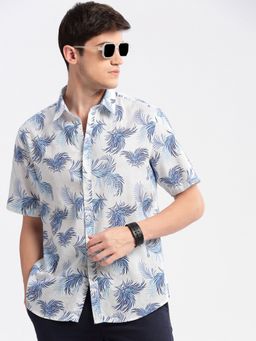 SHOWOFFFF - Mens Short Sleeves Spread Collar Cotton Printed White Casual Shirt