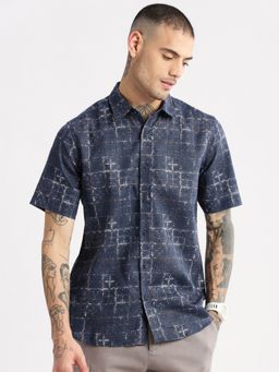 SHOWOFF - Mens Short Sleeves Spread Collar Cotton Abstract Navy Blue Casual Shirt