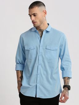 SHOWOFF - Mens Long Sleeves Spread Collar Cotton Solid Blue Casual Shirt