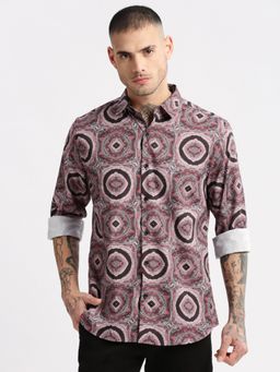 SHOWOFFFF - Mens Long Sleeves Spread Collar Geometric Multi-Color Casual Shirt