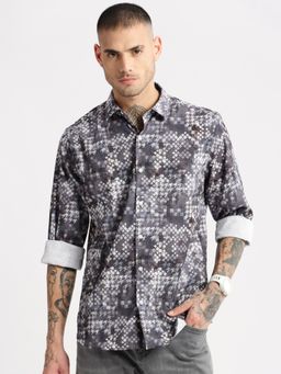 SHOWOFF - Mens Long Sleeves Spread Collar Geometric Grey Casual Shirt