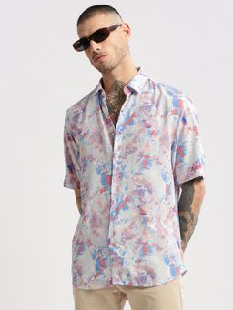 SHOWOFF - Mens Short Sleeves Spread Collar Cotton Abstract Multi-Color Casual Shirt