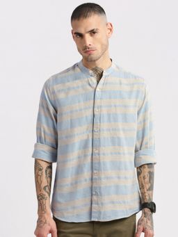 SHOWOFFFF - Mens Long Sleeves Mandarin Collar Cotton Horizontal Stripes Beige Casual Shirt
