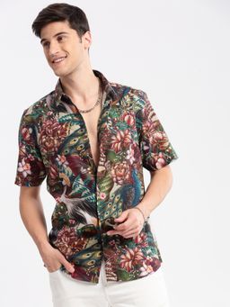 SHOWOFFFF - Mens Short Sleeves Spread Collar Cotton Floral Multi Casual Shirt