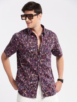 SHOWOFF - Mens Short Sleeves Spread Collar Cotton Abstract Purple Casual Shirt