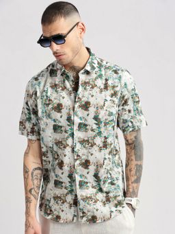 SHOWOFF - Mens Short Sleeves Spread Collar Cotton Abstract Multi Casual Shirt