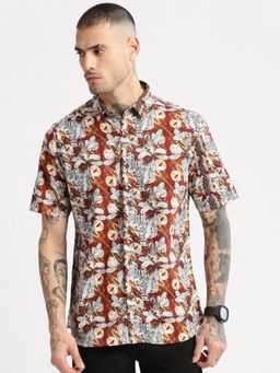 SHOWOFF - Mens Short Sleeves Spread Collar Cotton Floral Brown Casual Shirt