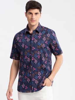 SHOWOFF - Mens Short Sleeves Spread Collar Cotton Floral Navy Blue Casual Shirt