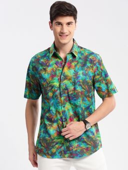 SHOWOFF - Mens Short Sleeves Spread Collar Cotton Abstract Multi-Color Casual Shirt