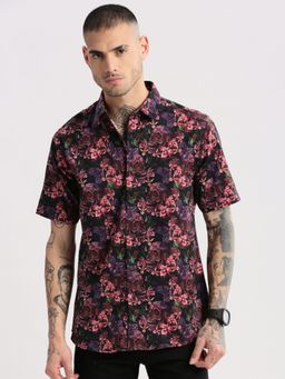 SHOWOFFFF - Mens Short Sleeves Spread Collar Cotton Floral Multi-Color Casual Shirt