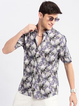 SHOWOFF - Mens Short Sleeves Spread Collar Cotton Floral Lavender Casual Shirt