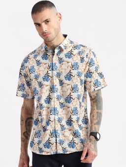 SHOWOFFFF - Mens Short Sleeves Spread Collar Cotton Floral Multi Casual Shirt