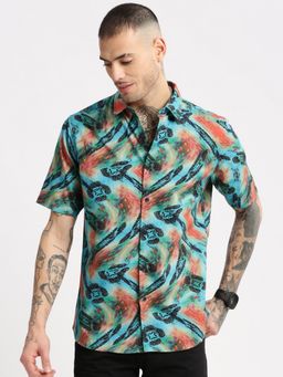 SHOWOFFFF - Mens Short Sleeves Spread Collar Cotton Floral Turquoise Blue Casual Shirt