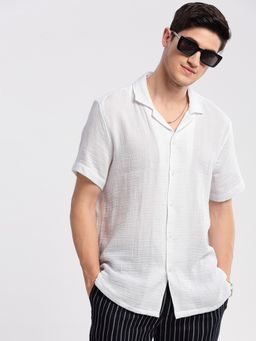 SHOWOFF - Mens Short Sleeves Cuban Collar Cotton Solid White Casual Shirt