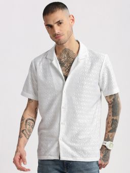 SHOWOFFFF - Mens Short Sleeves Cuban Collar Cotton Self Design White Crochet Shirt