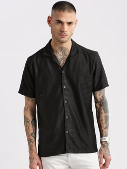 SHOWOFFFF - Mens Short Sleeves Cuban Collar Cotton Self Design Black Crochet Shirt