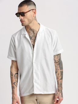 SHOWOFFFF - Mens Short Sleeves Cuban Collar Cotton Self Design White Crochet Shirt