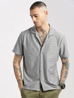 SHOWOFFFF - Mens Short Sleeves Cuban Collar Cotton Self Design Grey Crochet Shirt