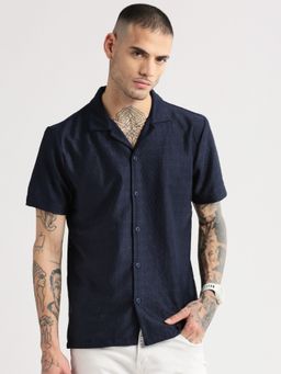 SHOWOFF - Mens Short Sleeves Cuban Collar Cotton Self Design Navy Blue Crochet Shirt