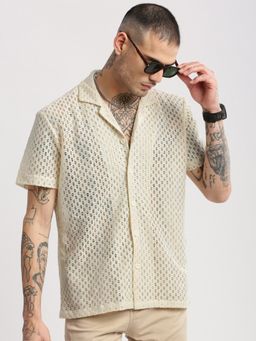 SHOWOFFFF - Mens Short Sleeves Cuban Collar Cotton Self Design Cream Crochet Shirt